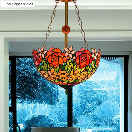 Rustic Blossom Tiffany Ceiling Lamp - Stained Glass Inverted Semi Flush Light In Orange-Red