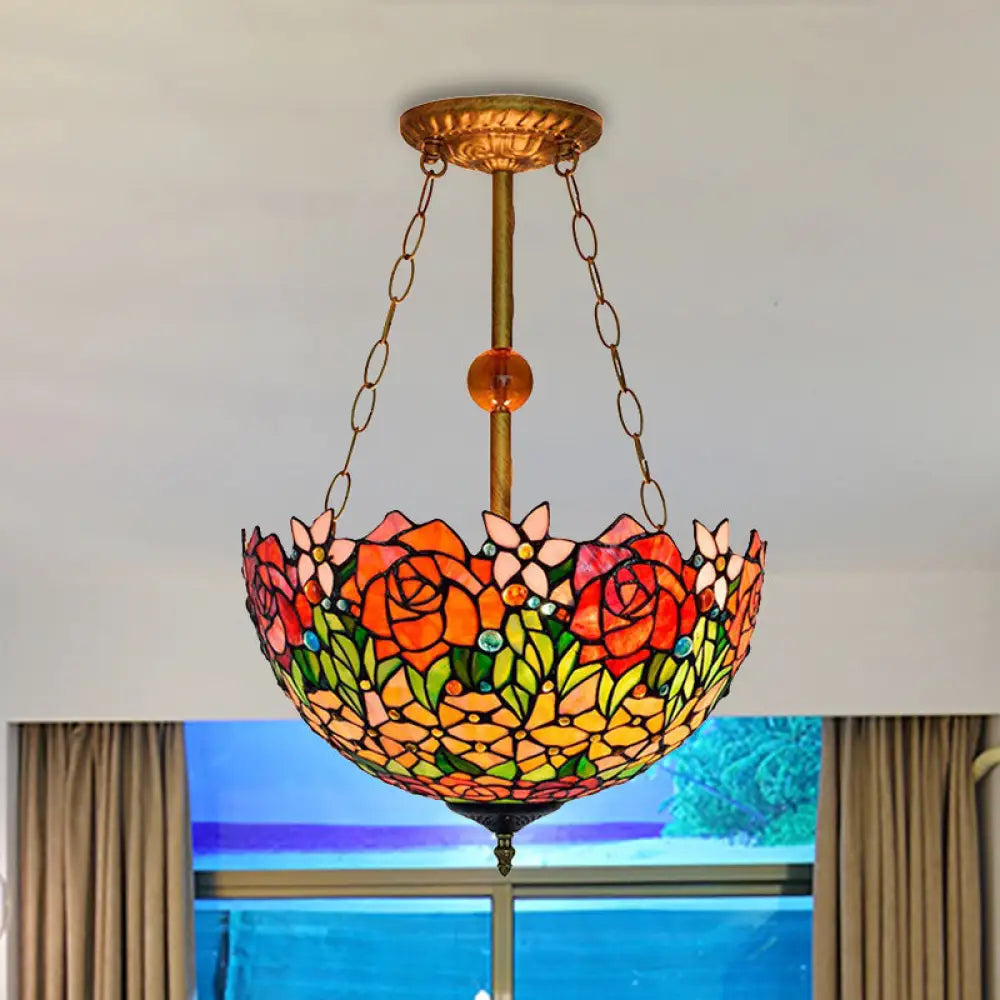Rustic Blossom Stained Glass Ceiling Lamp In Orange-Red By Tiffany Orange Red