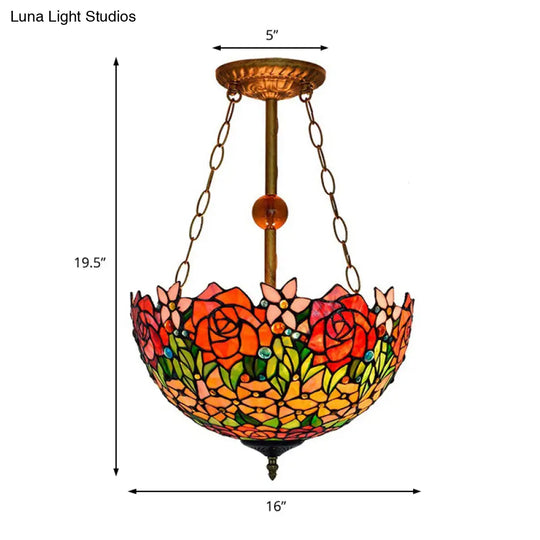 Rustic Blossom Tiffany Ceiling Lamp - Stained Glass Inverted Semi Flush Light In Orange-Red