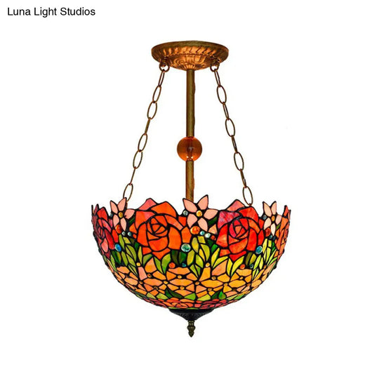 Rustic Blossom Tiffany Ceiling Lamp - Stained Glass Inverted Semi Flush Light In Orange-Red