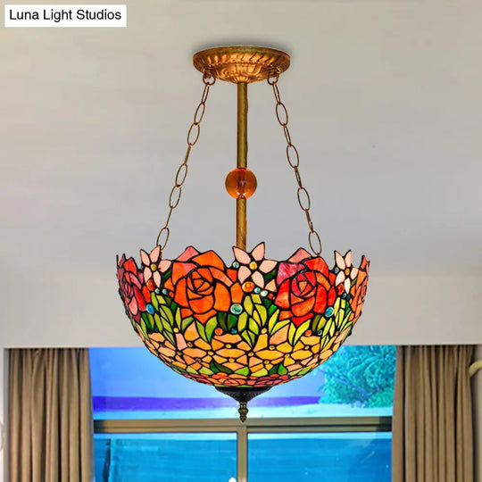 Rustic Blossom Tiffany Ceiling Lamp - Stained Glass Inverted Semi Flush Light In Orange-Red Orange