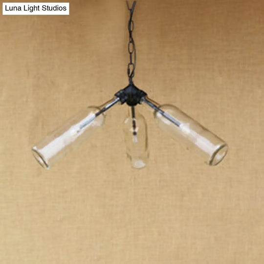 Rustic Blue/Clear Glass Pendant Light Fixture With Chain For Restaurants - 3 Bulbs Bottle Chandelier