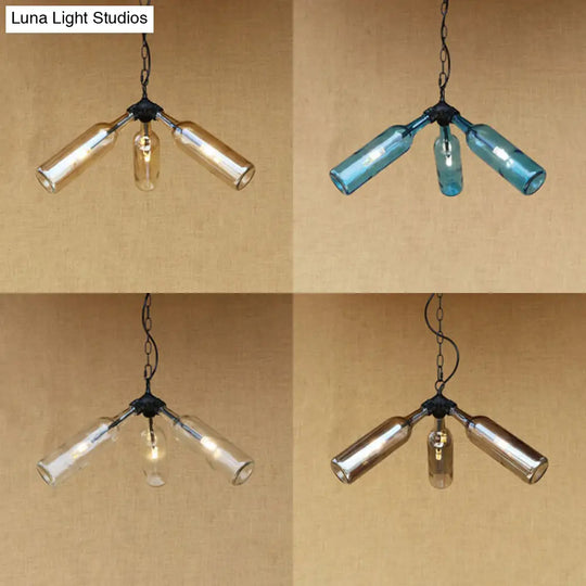 Rustic Blue/Clear Glass Pendant Light Fixture With Chain For Restaurants - 3 Bulbs Bottle Chandelier