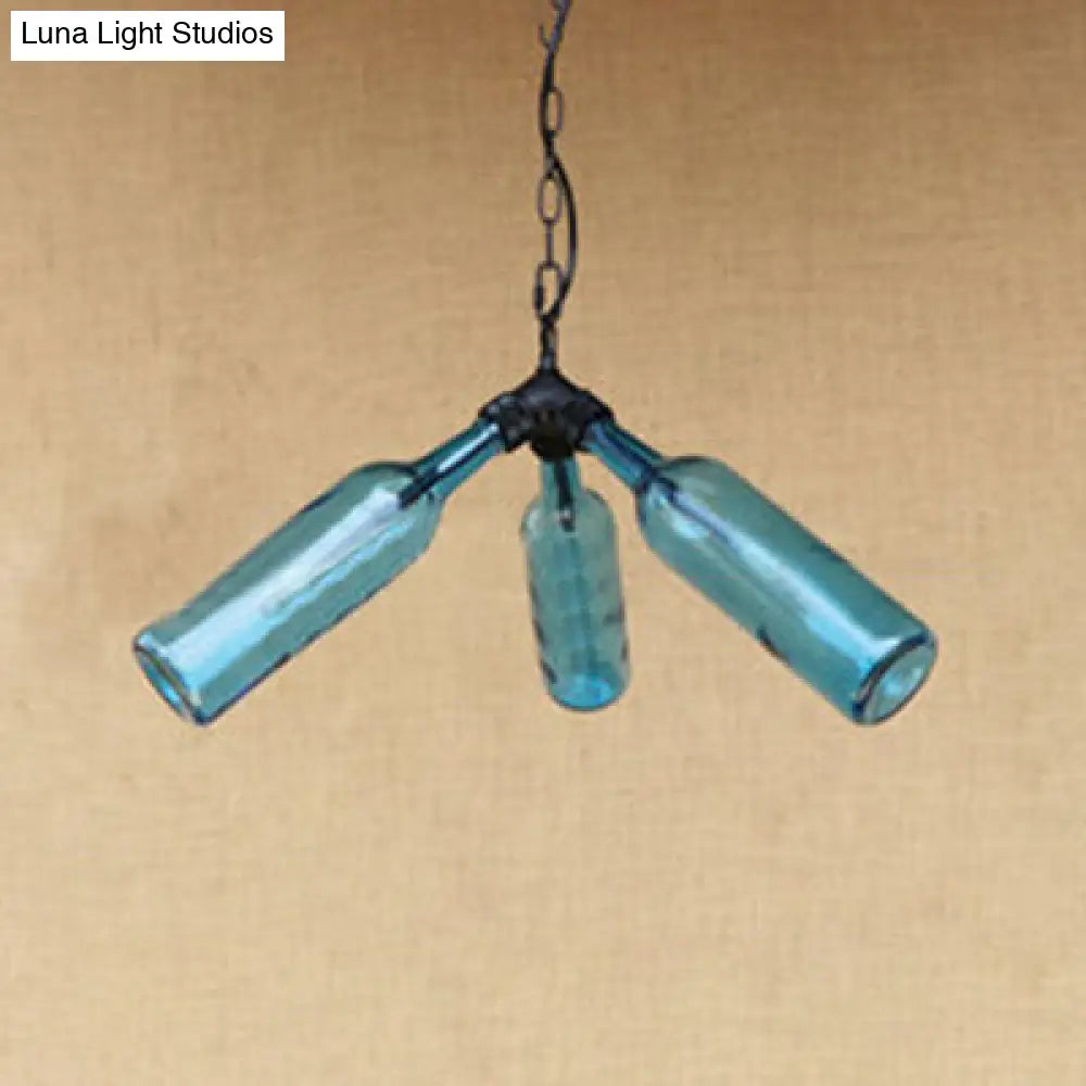 Rustic Blue/Clear Glass Pendant Light Fixture With Chain For Restaurants - 3 Bulbs Bottle Chandelier