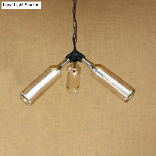 Rustic Blue/Clear Glass Pendant Light Fixture With Chain For Restaurants - 3 Bulbs Bottle Chandelier