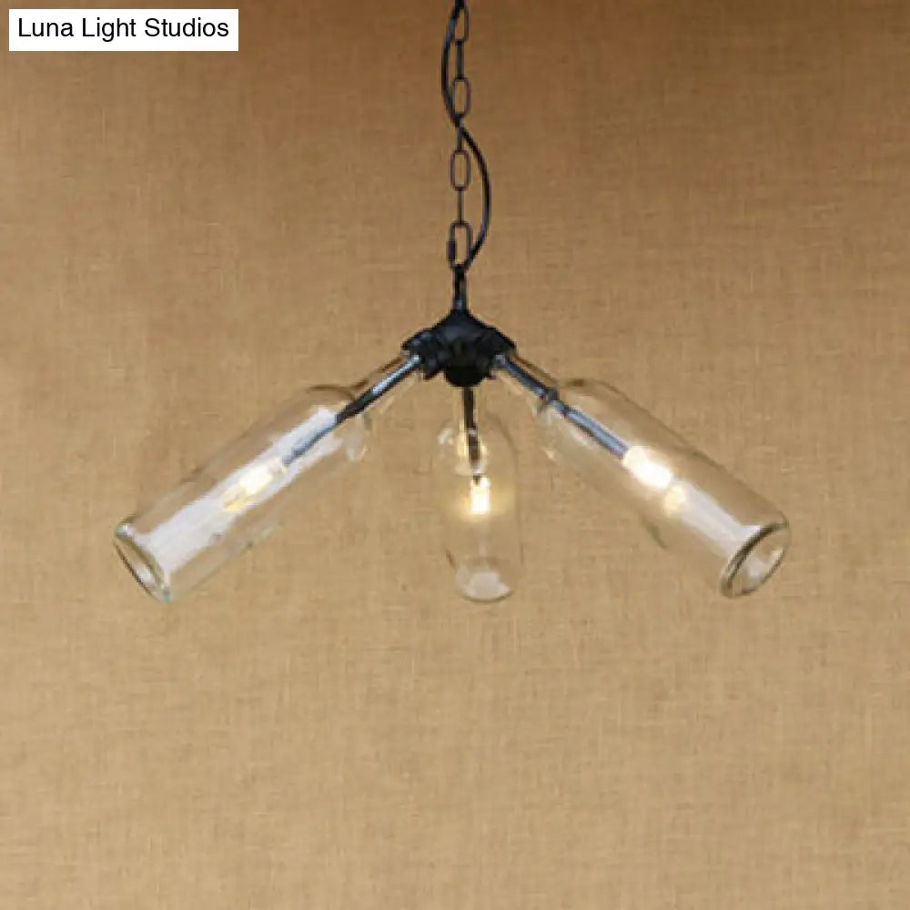 Rustic Blue/Clear Glass Pendant Light Fixture With Chain For Restaurants - 3 Bulbs Bottle Chandelier