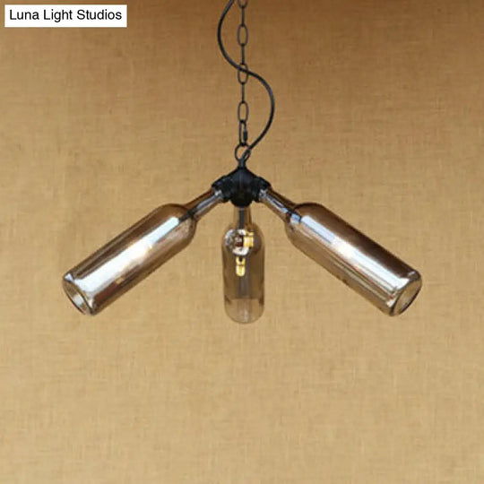 Rustic Blue/Clear Glass Pendant Light Fixture With Chain For Restaurants - 3 Bulbs Bottle Chandelier