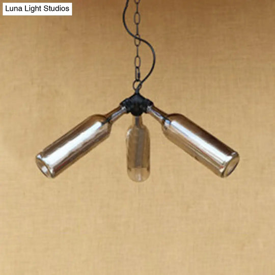 Rustic Blue/Clear Glass Pendant Light Fixture With Chain - Stylish 3 Bulbs Bottle Chandelier Lamp