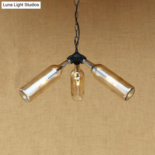 Rustic Blue/Clear Glass Pendant Light Fixture With Chain For Restaurants - 3 Bulbs Bottle Chandelier