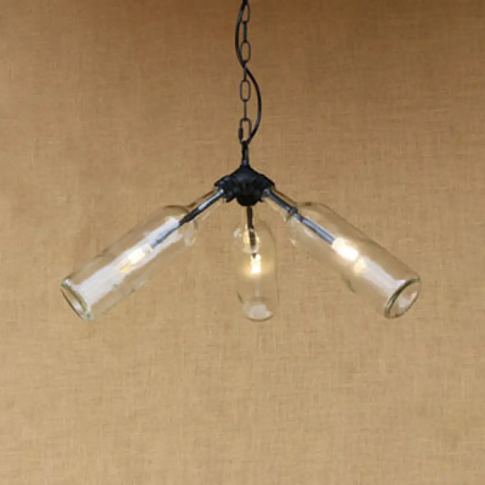 Rustic Blue/Clear Glass Pendant Light Fixture With Chain - Stylish 3 Bulbs Bottle Chandelier Lamp