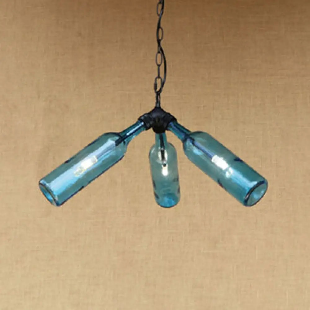 Rustic Blue/Clear Glass Pendant Light Fixture With Chain - Stylish 3 Bulbs Bottle Chandelier Lamp