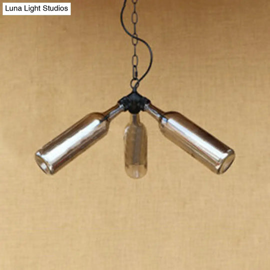 Rustic Blue/Clear Glass Pendant Light Fixture With Chain For Restaurants - 3 Bulbs Bottle Chandelier