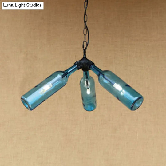 Rustic Blue/Clear Glass Pendant Light Fixture With Chain For Restaurants - 3 Bulbs Bottle Chandelier