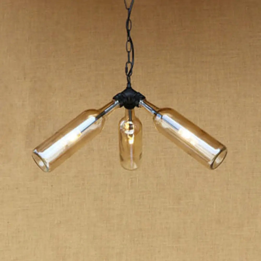 Rustic Blue/Clear Glass Pendant Light Fixture With Chain - Stylish 3 Bulbs Bottle Chandelier Lamp