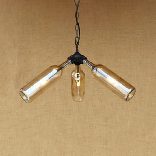 Rustic Blue/Clear Glass Pendant Light Fixture With Chain - Stylish 3 Bulbs Bottle Chandelier Lamp