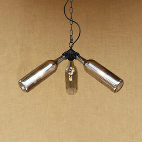 Rustic Blue/Clear Glass Pendant Light Fixture With Chain - Stylish 3 Bulbs Bottle Chandelier Lamp