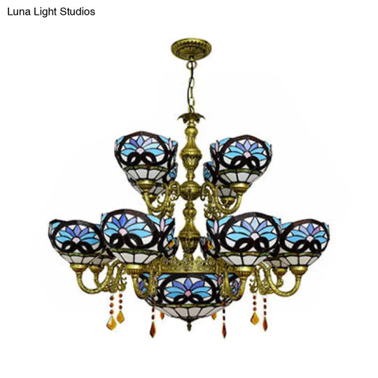 Rustic 15-Head Two-Tier Stained Glass Chandelier In Blue - Perfect For Living Room