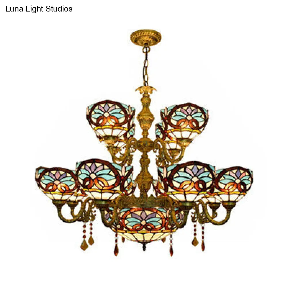 Rustic 15-Head Two-Tier Stained Glass Chandelier In Blue - Perfect For Living Room