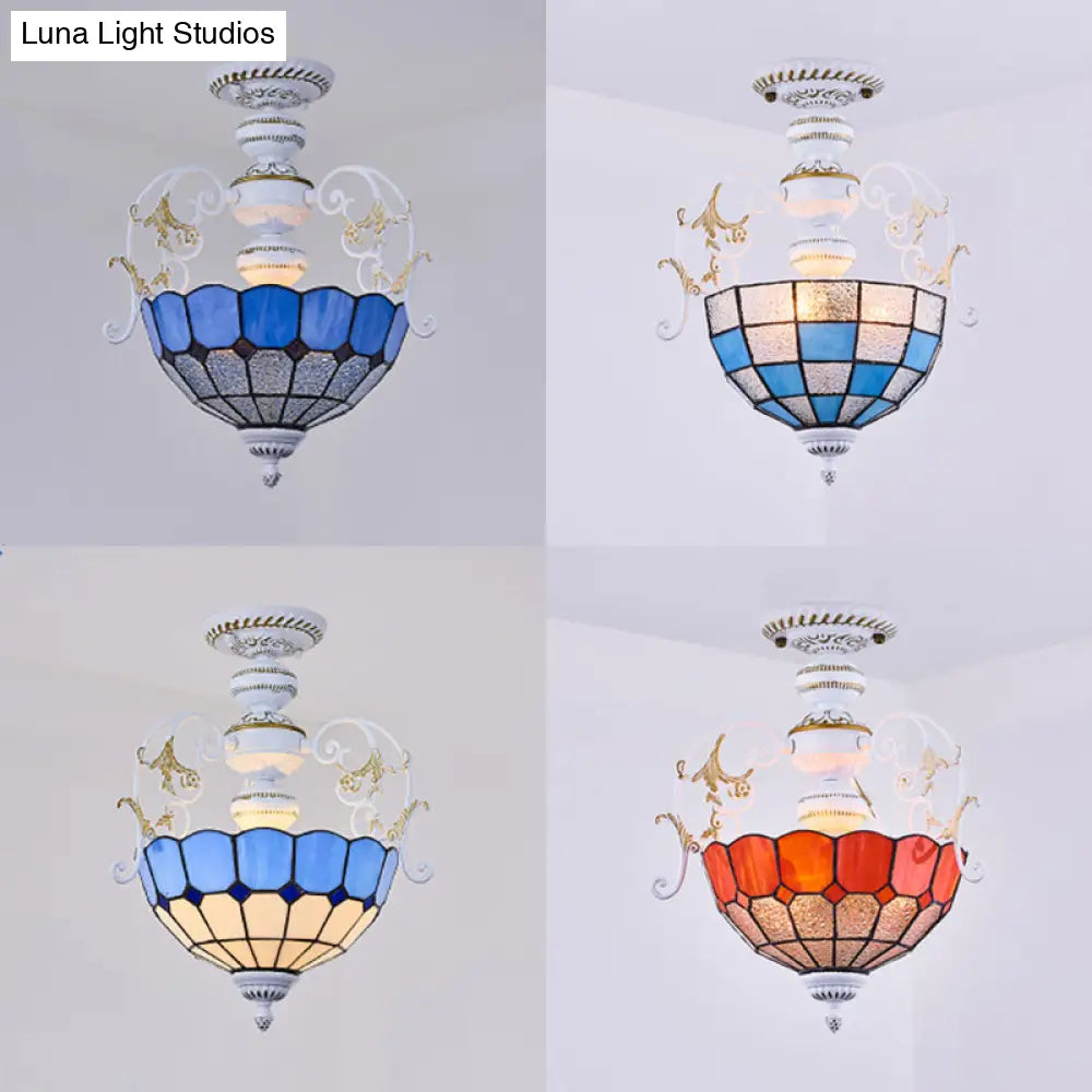 Rustic Bowl Ceiling Light Fixture - Stained Glass Semi Flush With Square/Blue And Diamond Designs