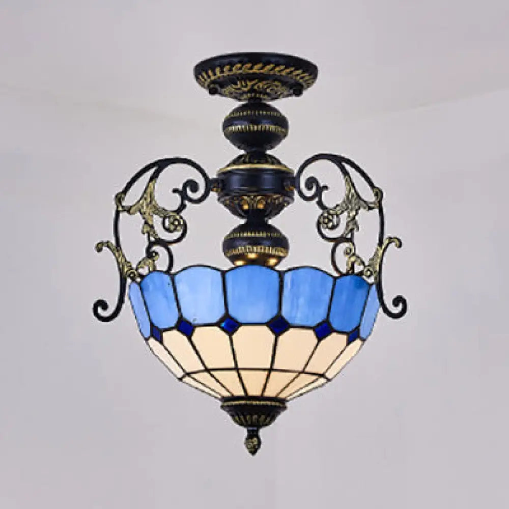 Rustic Bowl Ceiling Light Fixture - Stained Glass Semi Flush With Square/Blue And Diamond Designs