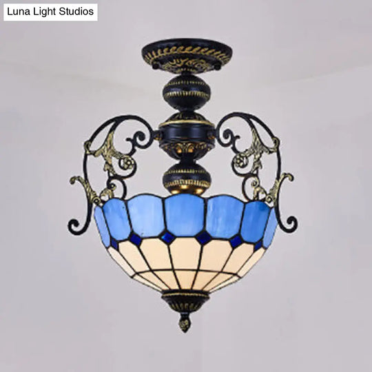 Rustic Stained Glass Ceiling Light Fixture With Square/Blue Diamond/Red Diamond Design - Semi Flush