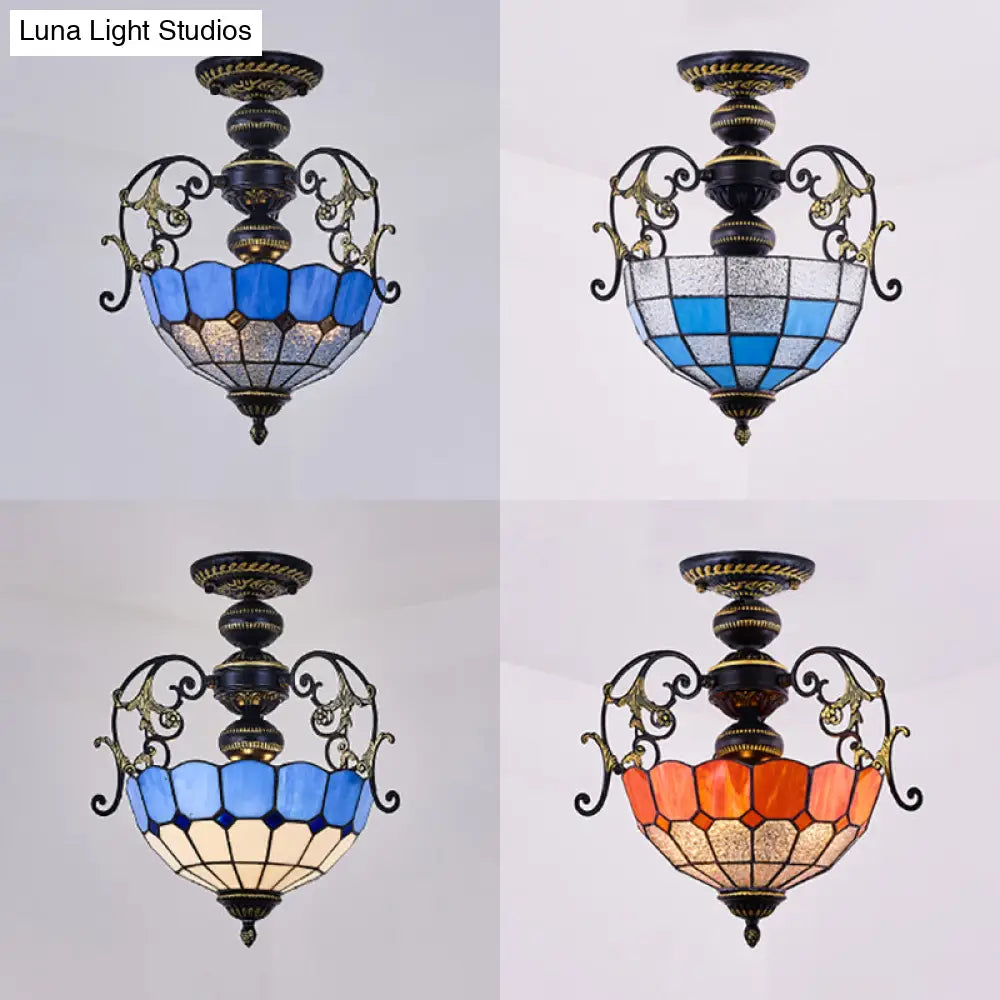 Rustic Bowl Ceiling Light Fixture - Stained Glass Semi Flush With Square/Blue And Diamond Designs