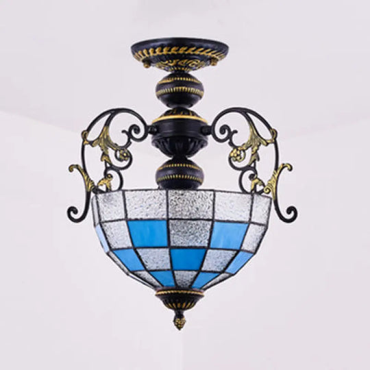 Rustic Bowl Ceiling Light Fixture - Stained Glass Semi Flush With Square/Blue And Diamond Designs