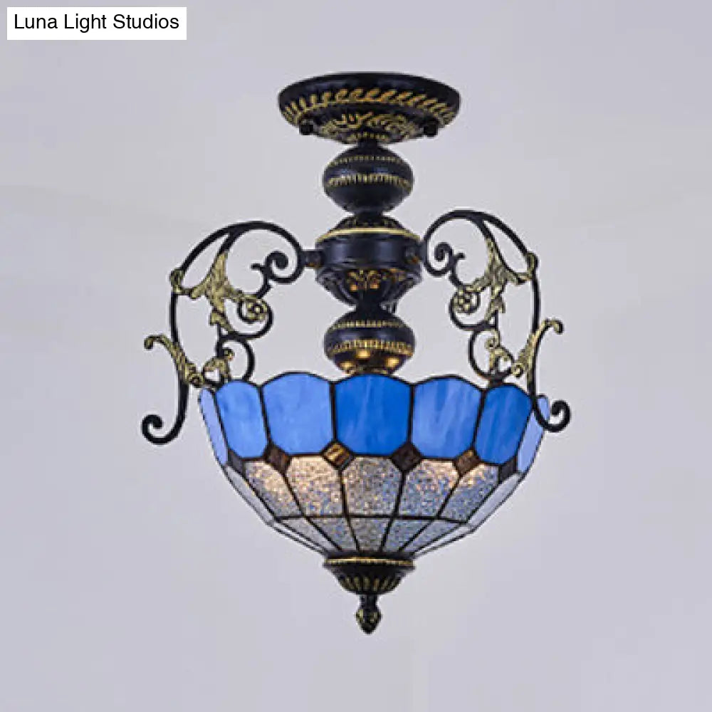 Rustic Stained Glass Ceiling Light Fixture With Square/Blue Diamond/Red Diamond Design - Semi Flush