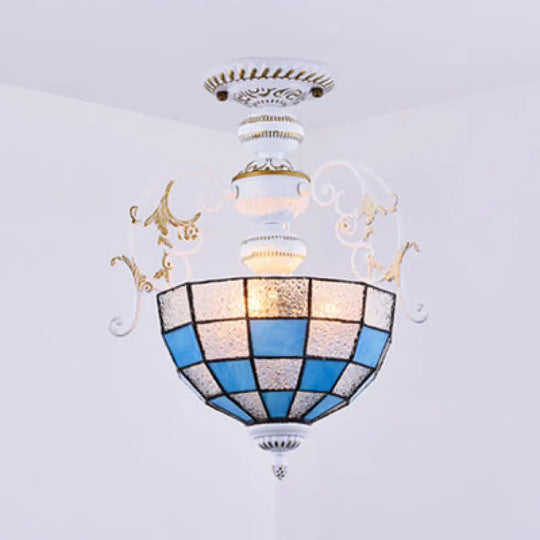 Rustic Bowl Ceiling Light Fixture - Stained Glass Semi Flush With Square/Blue And Diamond Designs