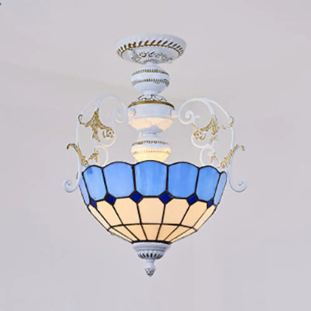 Rustic Bowl Ceiling Light Fixture - Stained Glass Semi Flush With Square/Blue And Diamond Designs