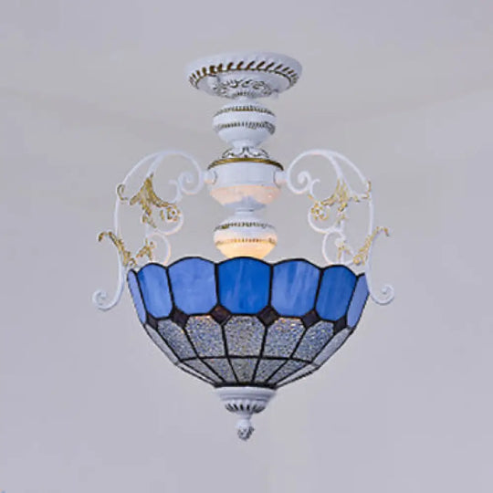 Rustic Bowl Ceiling Light Fixture - Stained Glass Semi Flush With Square/Blue And Diamond Designs