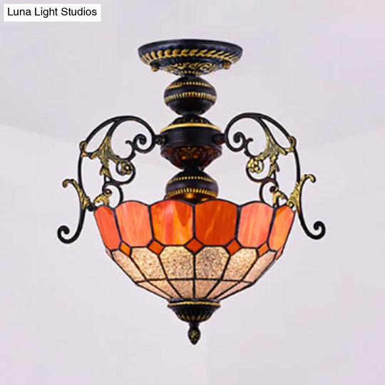 Rustic Stained Glass Ceiling Light Fixture With Square/Blue Diamond/Red Diamond Design - Semi Flush