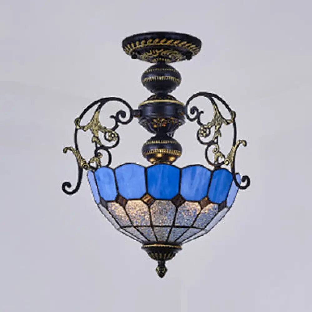 Rustic Bowl Ceiling Light Fixture - Stained Glass Semi Flush With Square/Blue And Diamond Designs