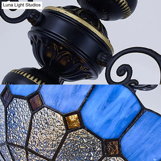 Rustic Bowl Ceiling Light Fixture - Stained Glass Semi Flush With Square/Blue And Diamond Designs