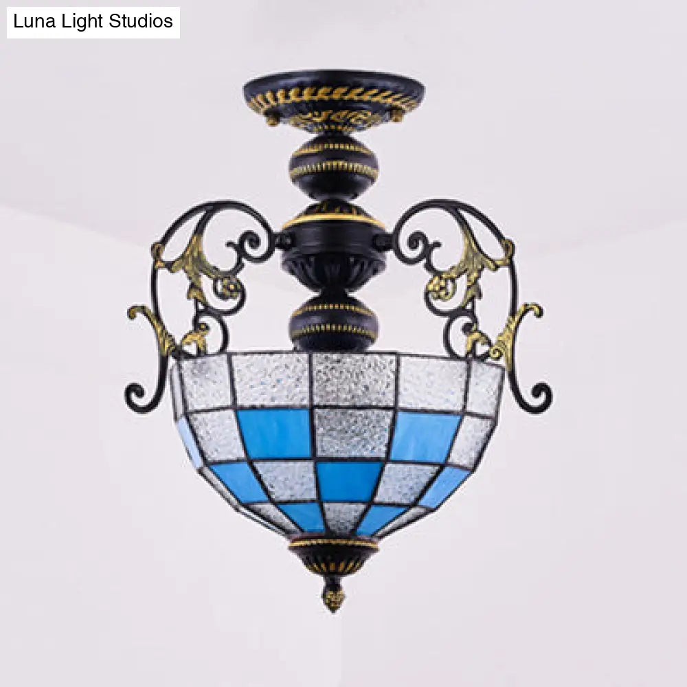 Rustic Stained Glass Ceiling Light Fixture With Square/Blue Diamond/Red Diamond Design - Semi Flush