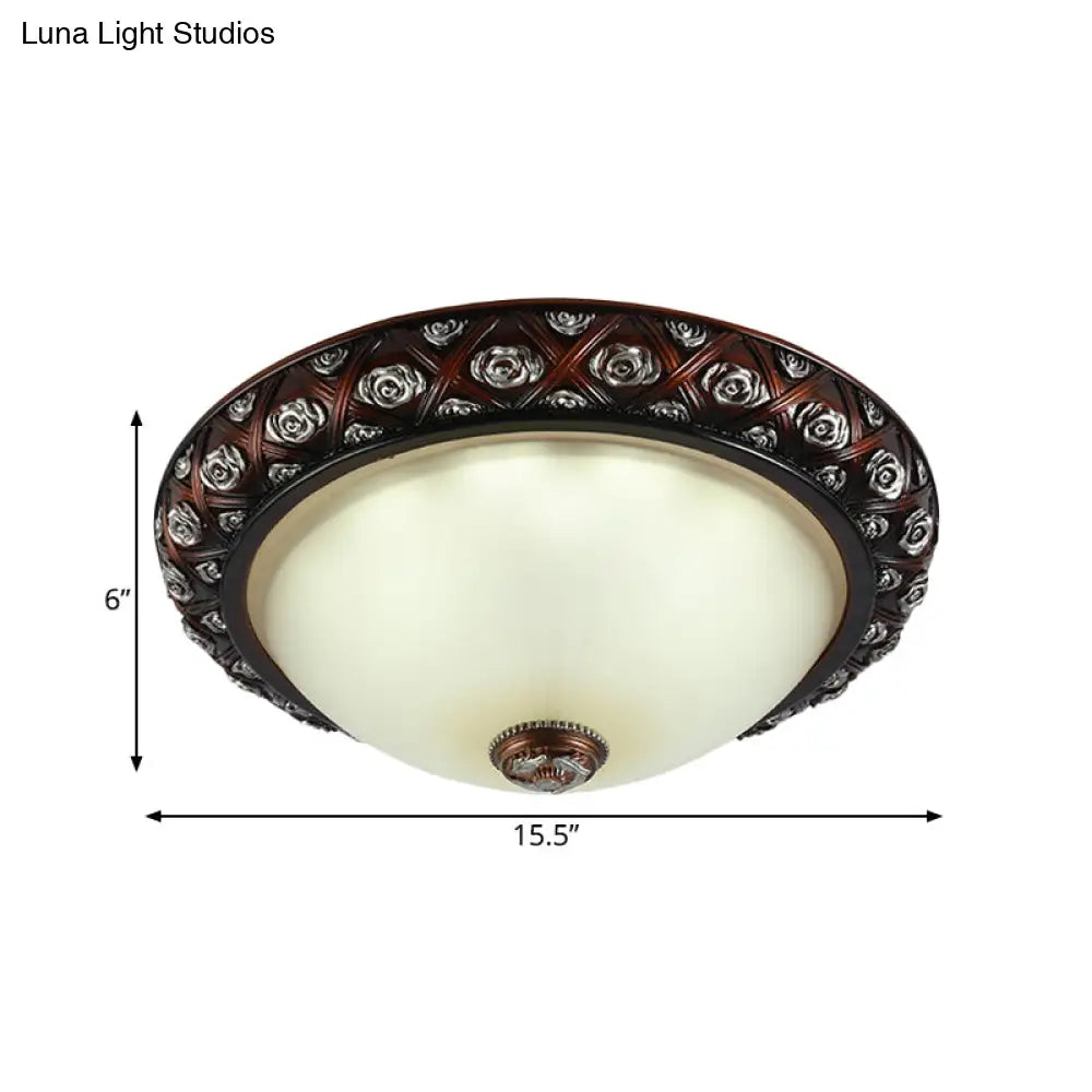 Rustic Bowl White Glass Flush Mount Lamp With Rose Pattern Trim - 2/3 - Bulb Light Fixture