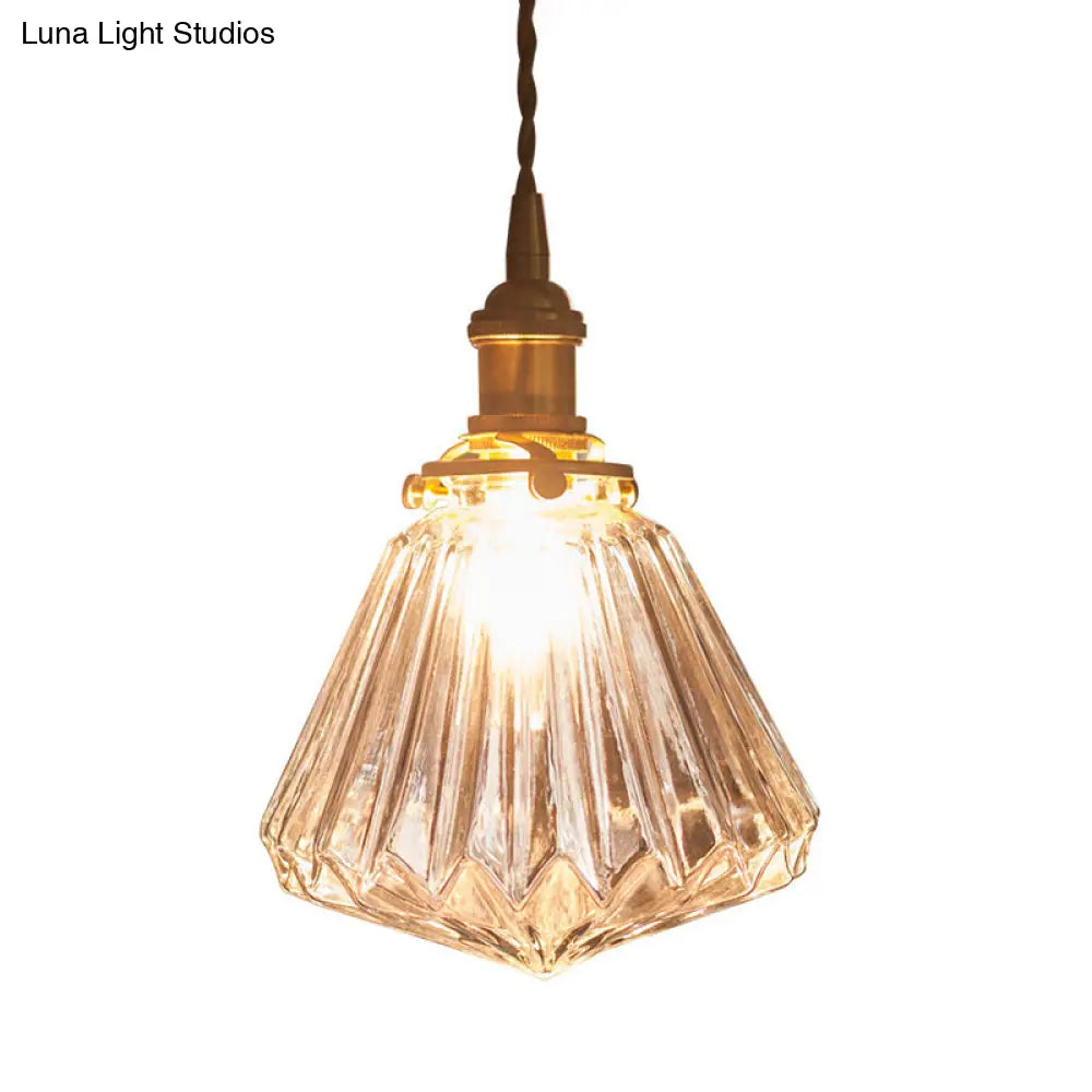 Rustic Brass 1-Light Pendant With Clear Glass Shade - Hanging Cone Drop Lamp