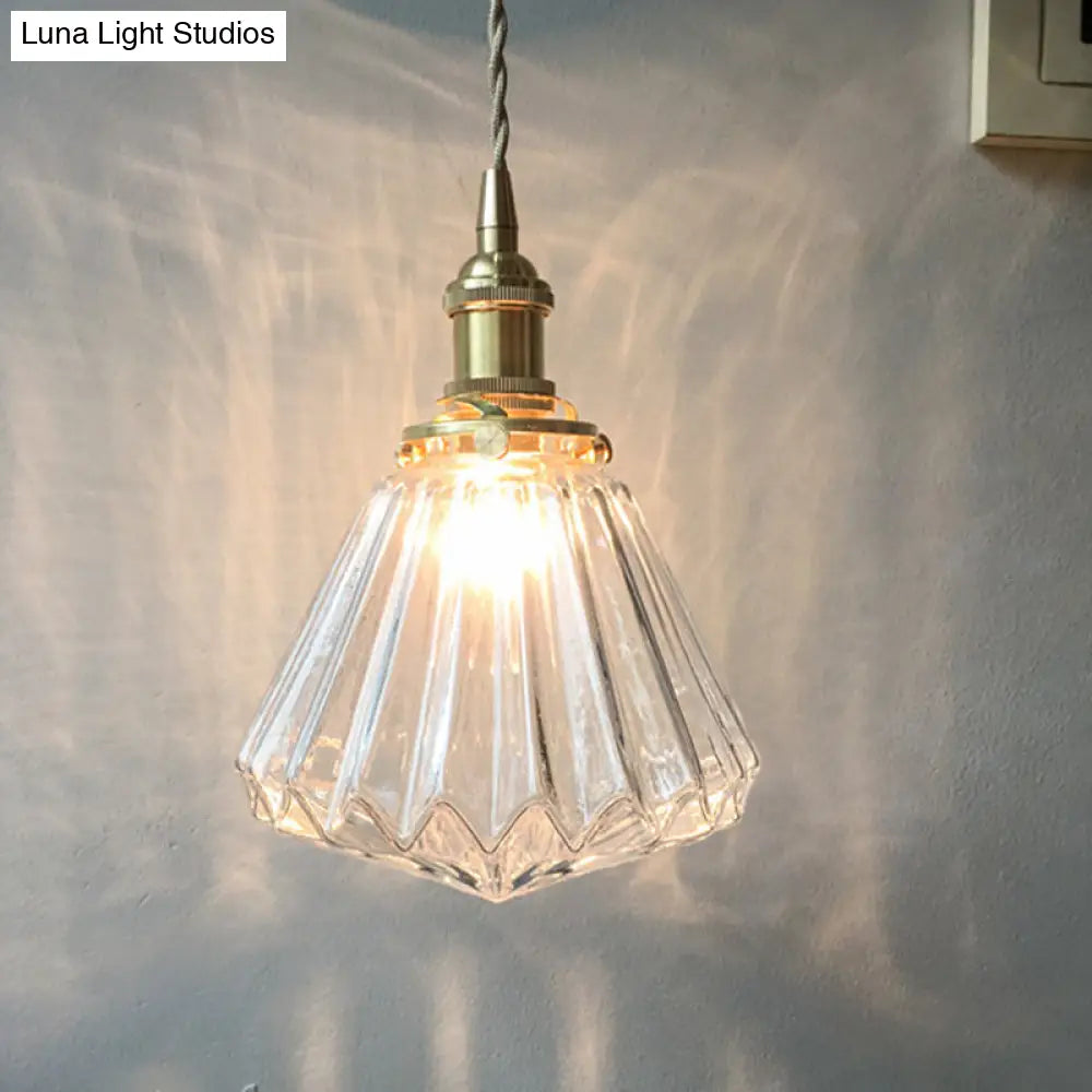Rustic Brass 1-Light Pendant With Clear Glass Shade - Hanging Cone Drop Lamp