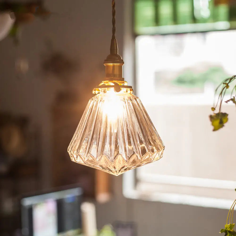 Rustic Brass 1-Light Pendant With Clear Glass Shade - Hanging Cone Drop Lamp