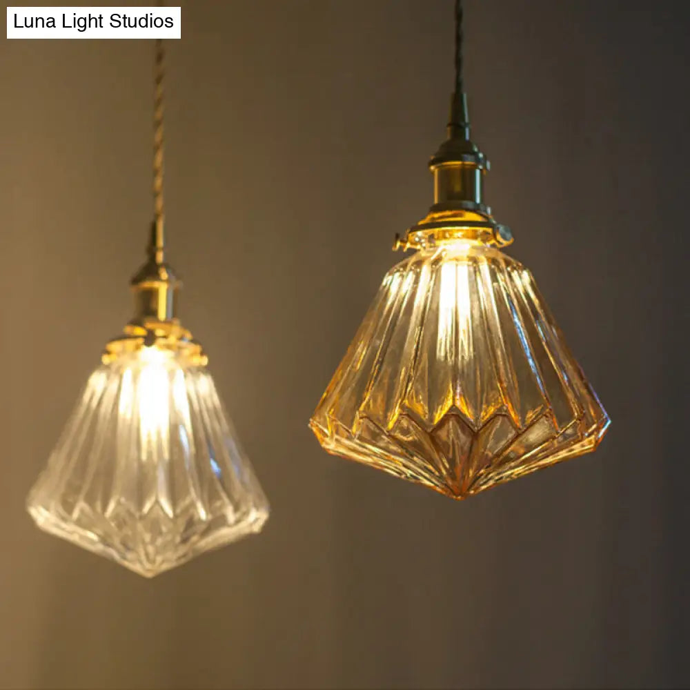 Rustic Brass 1-Light Pendant With Cone Drop Brown/Clear Glass Ceiling Hang Lamp Brown