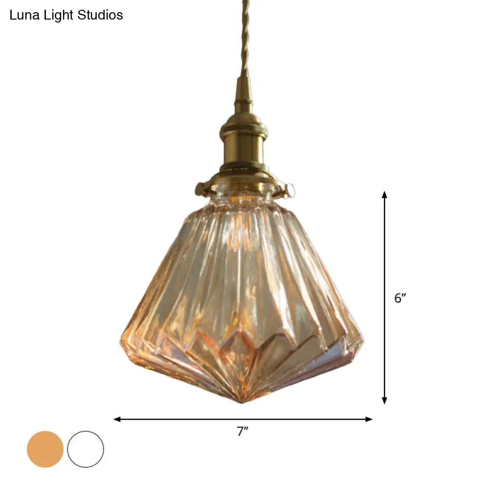 Rustic Brass 1-Light Pendant With Clear Glass Shade - Hanging Cone Drop Lamp