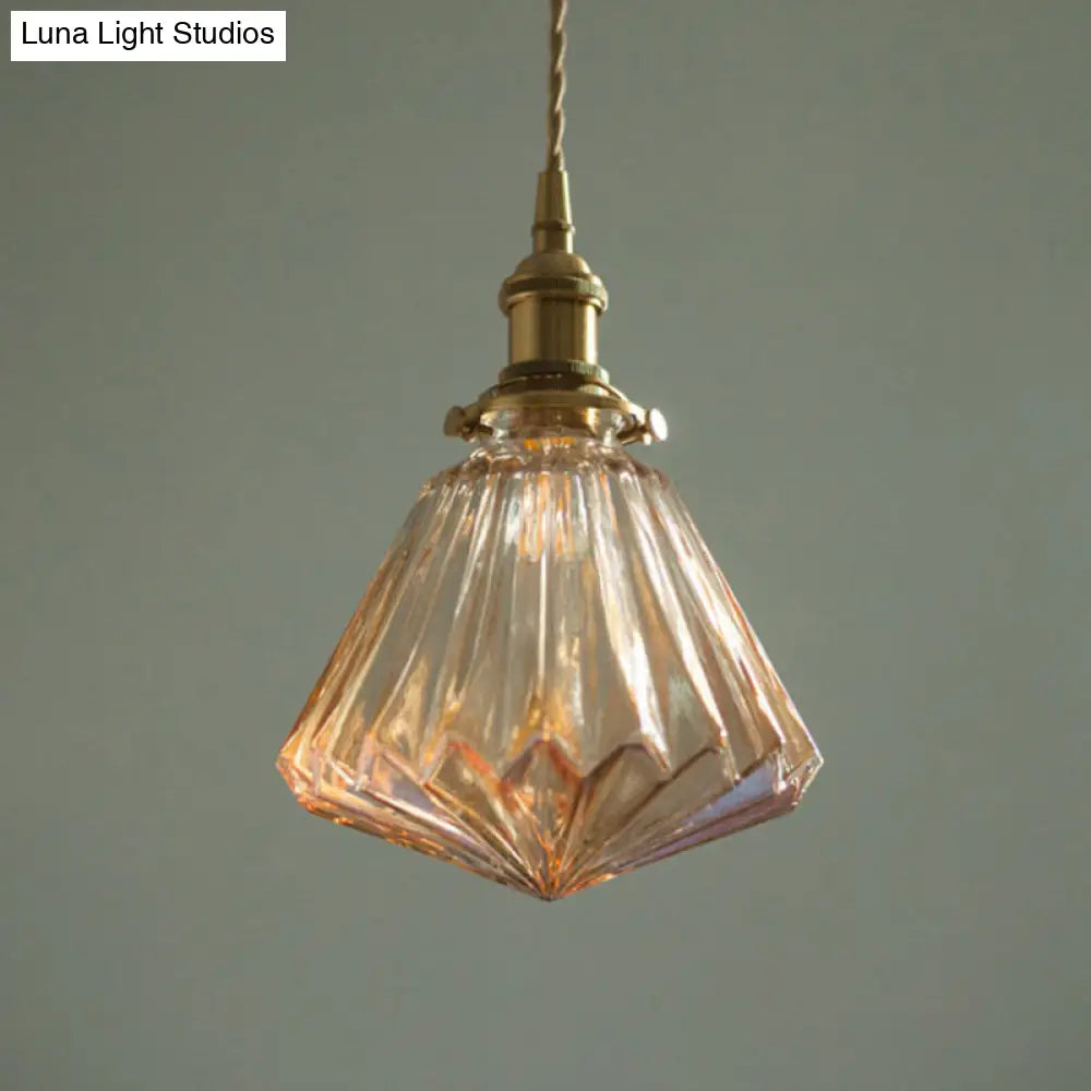 Rustic Brass 1-Light Pendant With Cone Drop Brown/Clear Glass Ceiling Hang Lamp