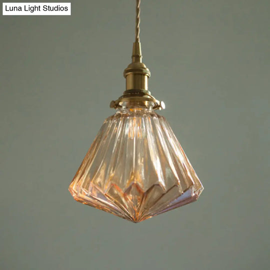Rustic Brass 1-Light Pendant With Cone Drop Brown/Clear Glass Ceiling Hang Lamp