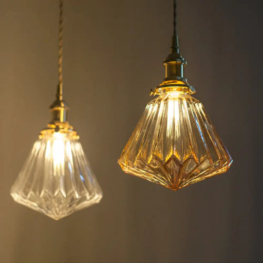Rustic Brass 1-Light Pendant With Clear Glass Shade - Hanging Cone Drop Lamp Brown