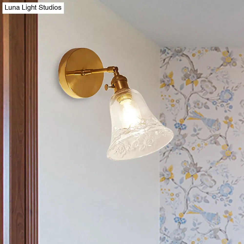 Rustic Brass Bell Wall Sconce: Clear Glass Bedroom Lighting Fixture With Flower Detail