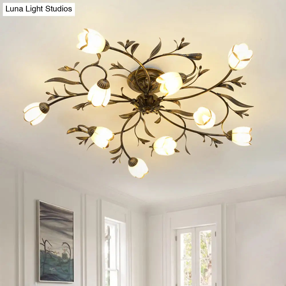 Rustic Brass Blossom Opal Glass Semi - Flush Mount Ceiling Light For Dining Room