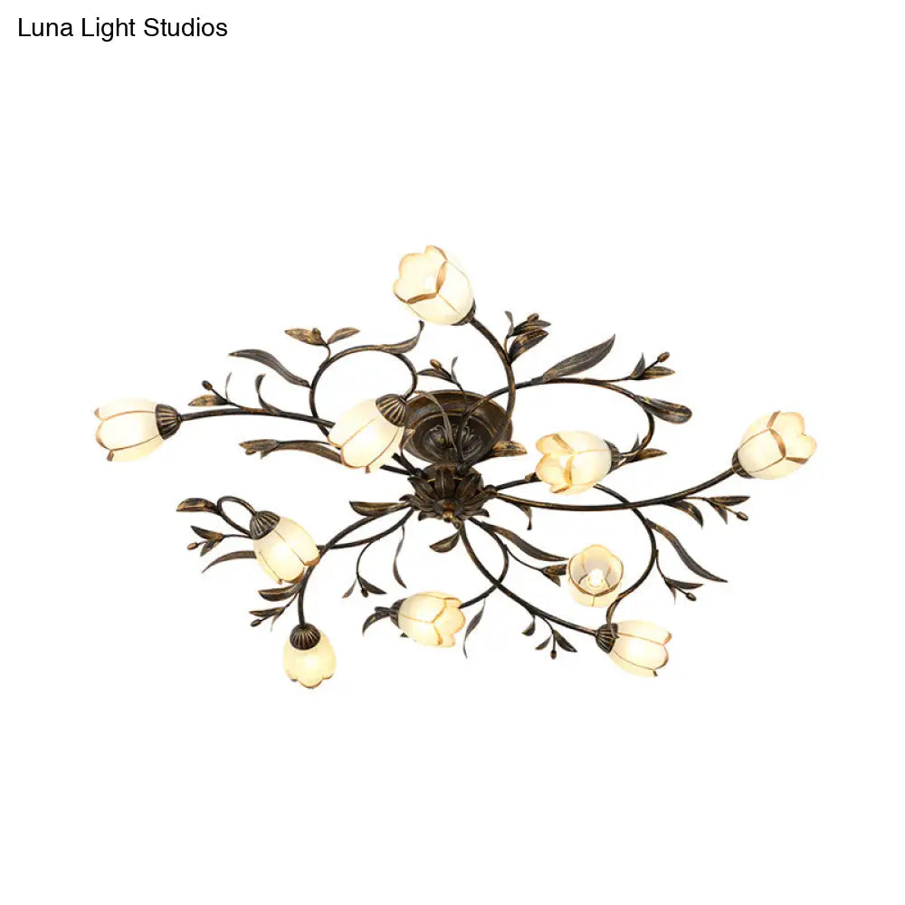 Rustic Brass Blossom Opal Glass Semi - Flush Mount Ceiling Light For Dining Room