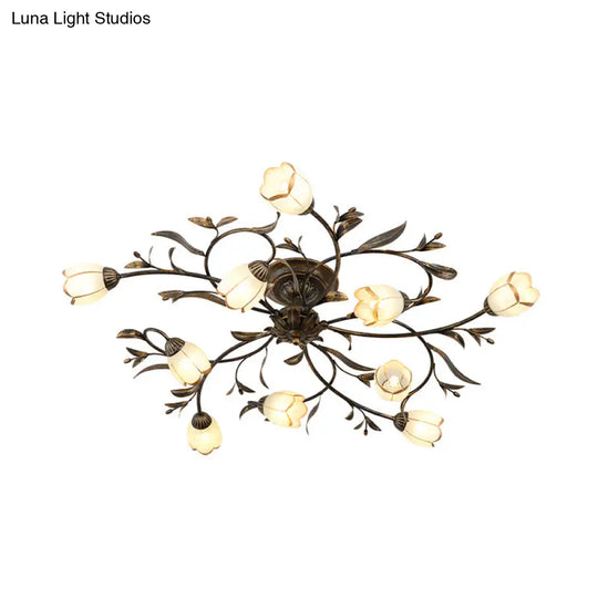 Rustic Brass Blossom Opal Glass Semi - Flush Mount Ceiling Light For Dining Room