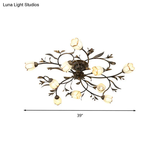 Opal Glass Semi-Flush Mount Rustic Brass Ceiling Light Fixture - 10 Lights For Dining Room Blossom