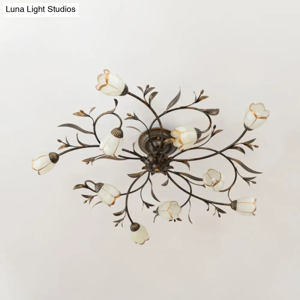 Opal Glass Semi-Flush Mount Rustic Brass Ceiling Light Fixture - 10 Lights For Dining Room Blossom